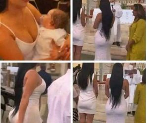 Críticas lluven a una mamá en el baustizo de su hijo por llevar un vestid..Ver mas
