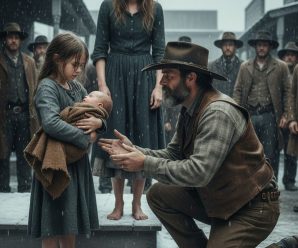 Nos puede comprar, señor”, dijo la niña pequeña sosteniendo a un bebé. El vaquero solitario miró el rostro de la mujer…